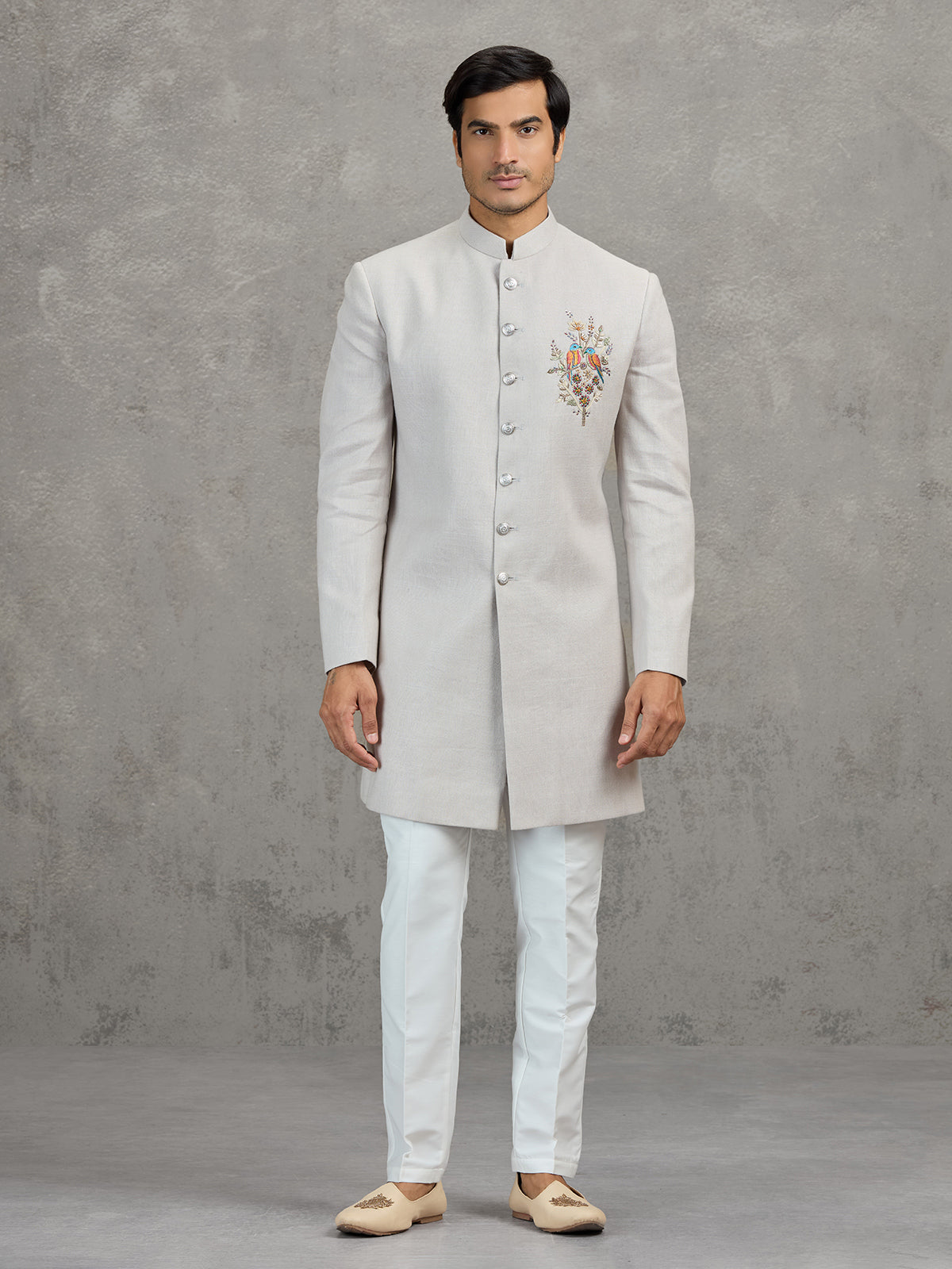 Beige matka silk indowestern set for reception wear