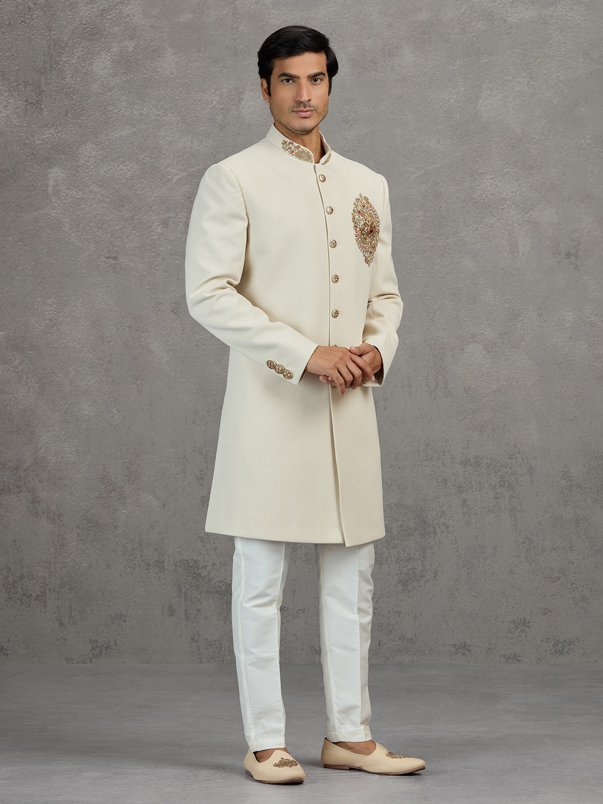 Cream linen viscose indowestern set for wedding celebrations