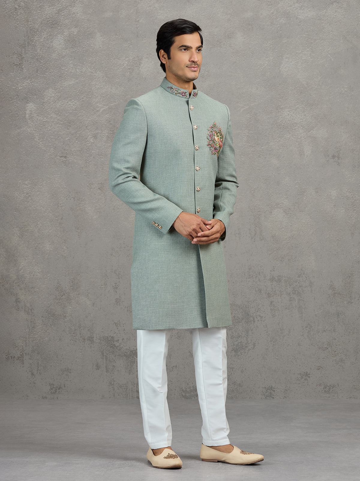 Sage green jute wedding indowestern set