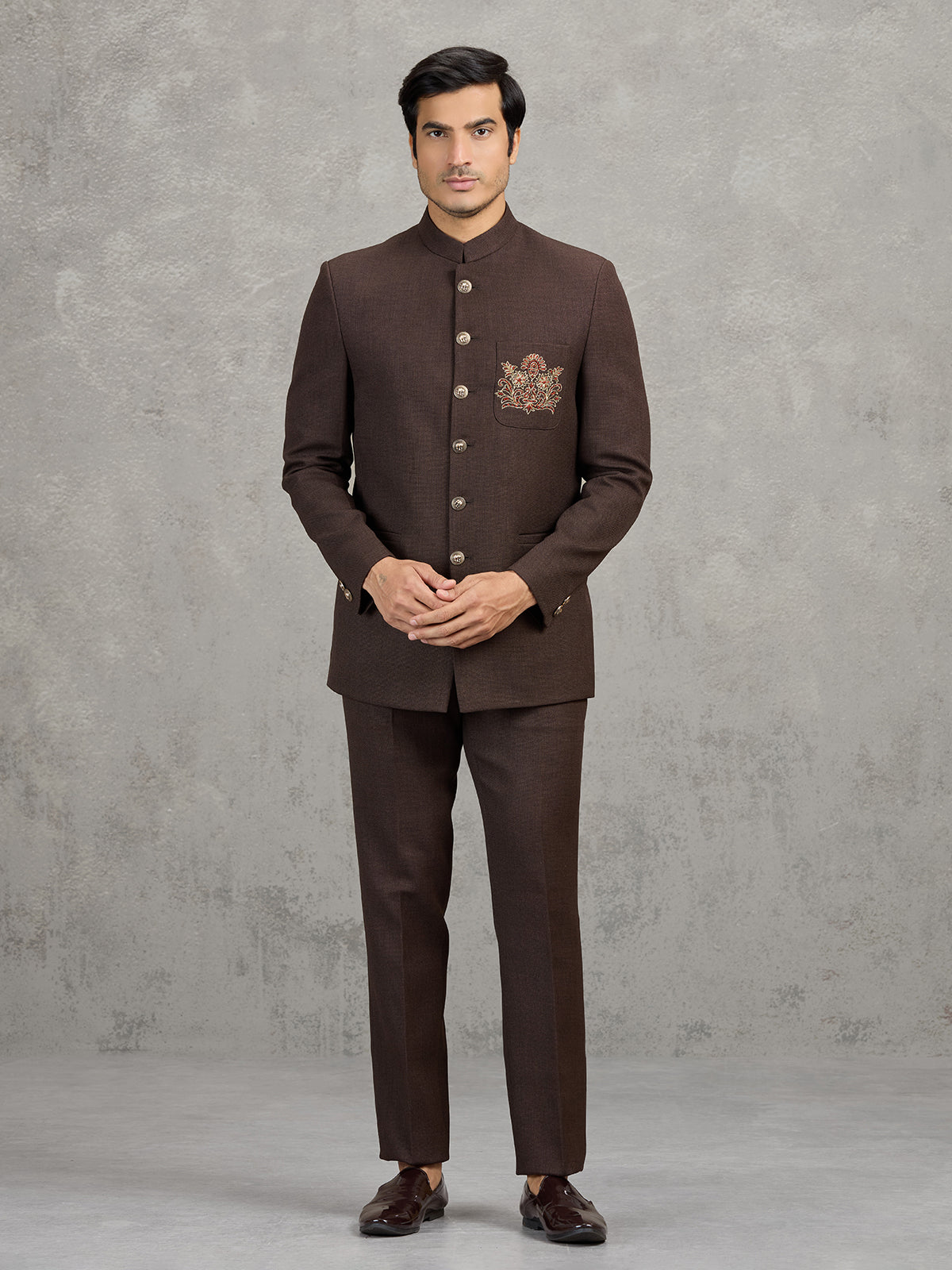 Brown terry rayon jodhpuri suit for wedding wear