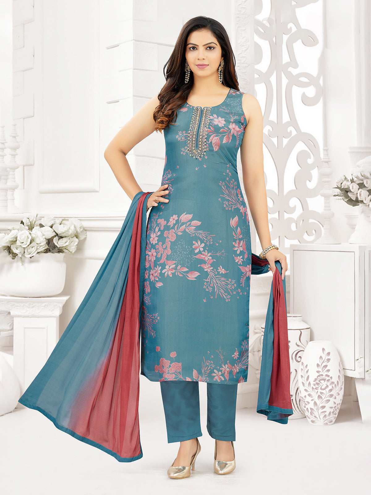 Sky blue silk mirror work festive salwar suit
