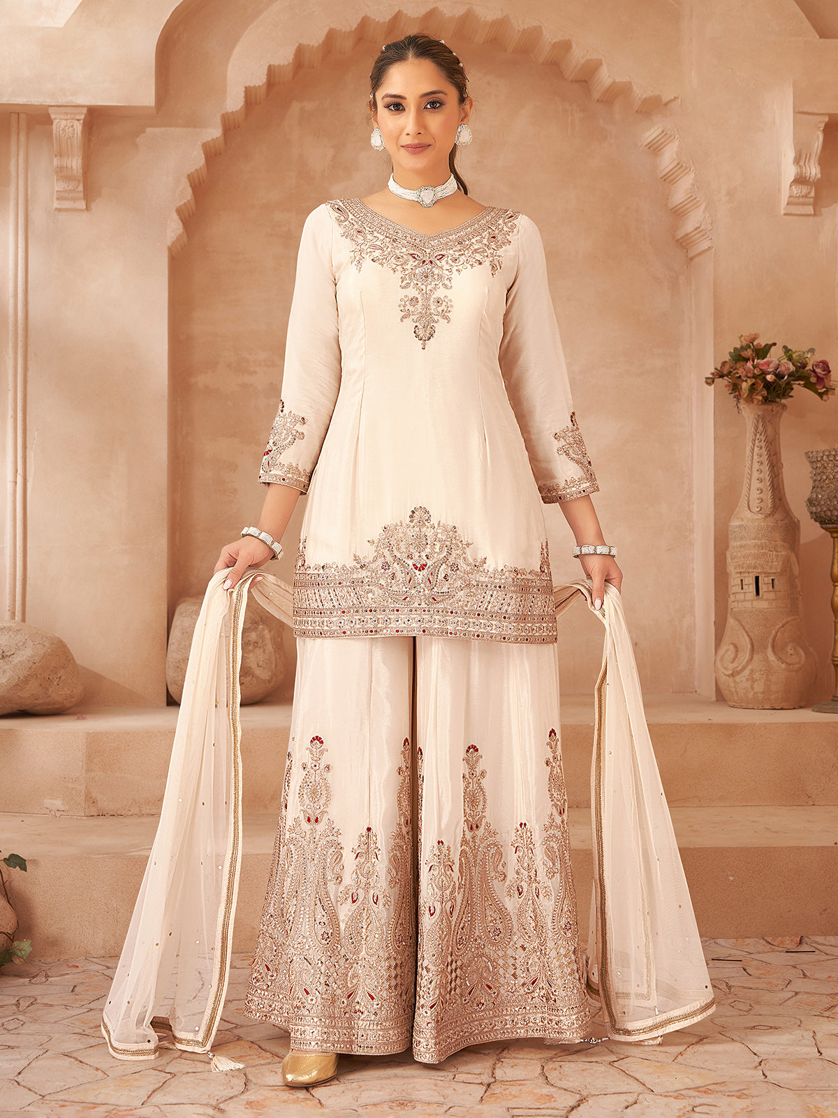 Off white chiffon embroidered work festive palazzo suit
