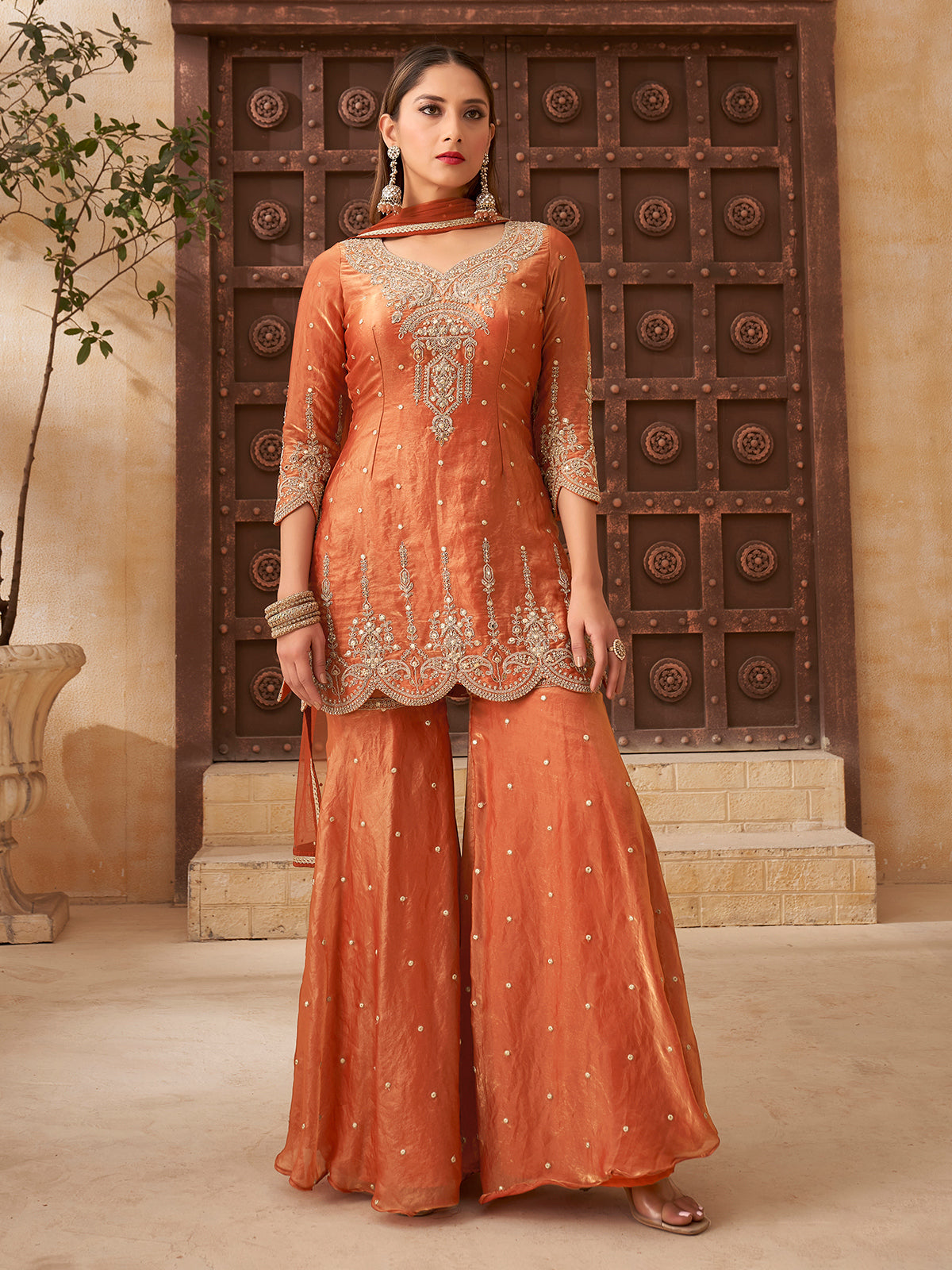 Rust orange organza tissue silk palazzo suit