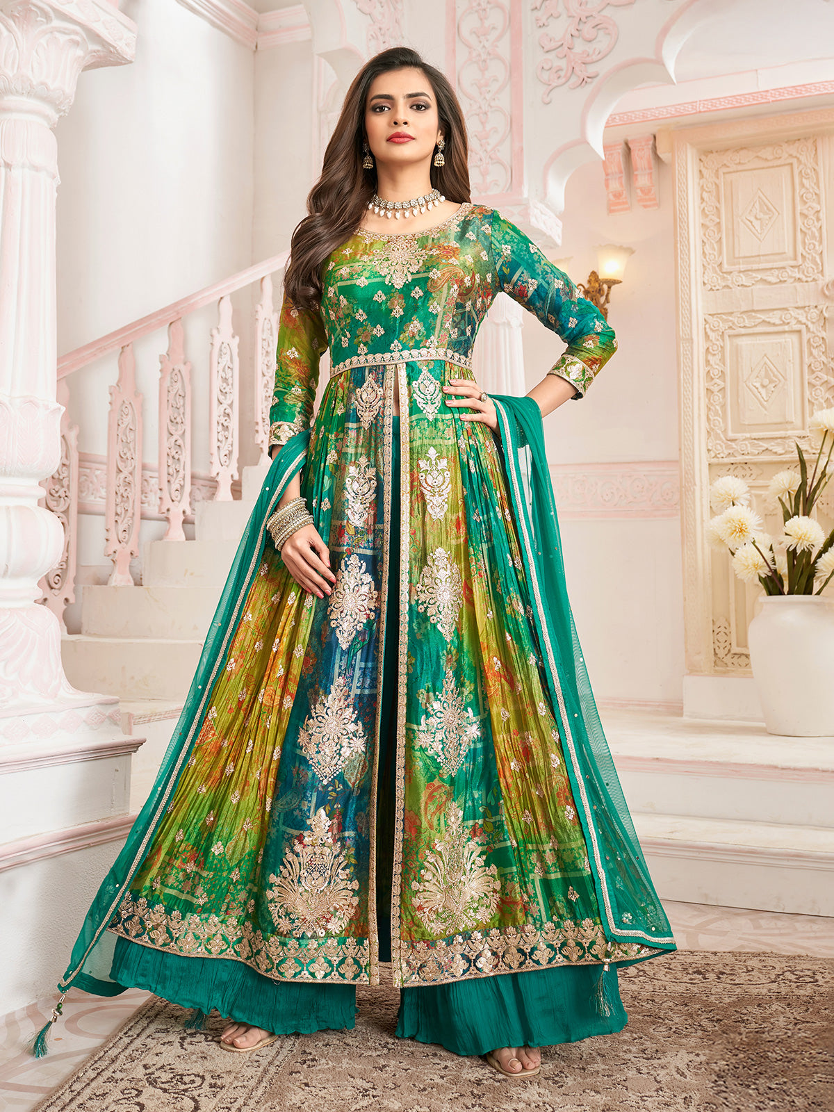 Green silk anarkali embroidered festive palazzo suit
