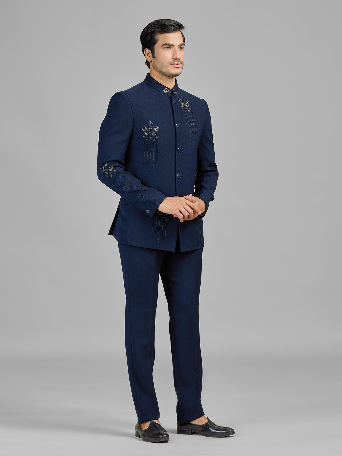 Navy terry rayon jodhpuri suit with cutdana detailing