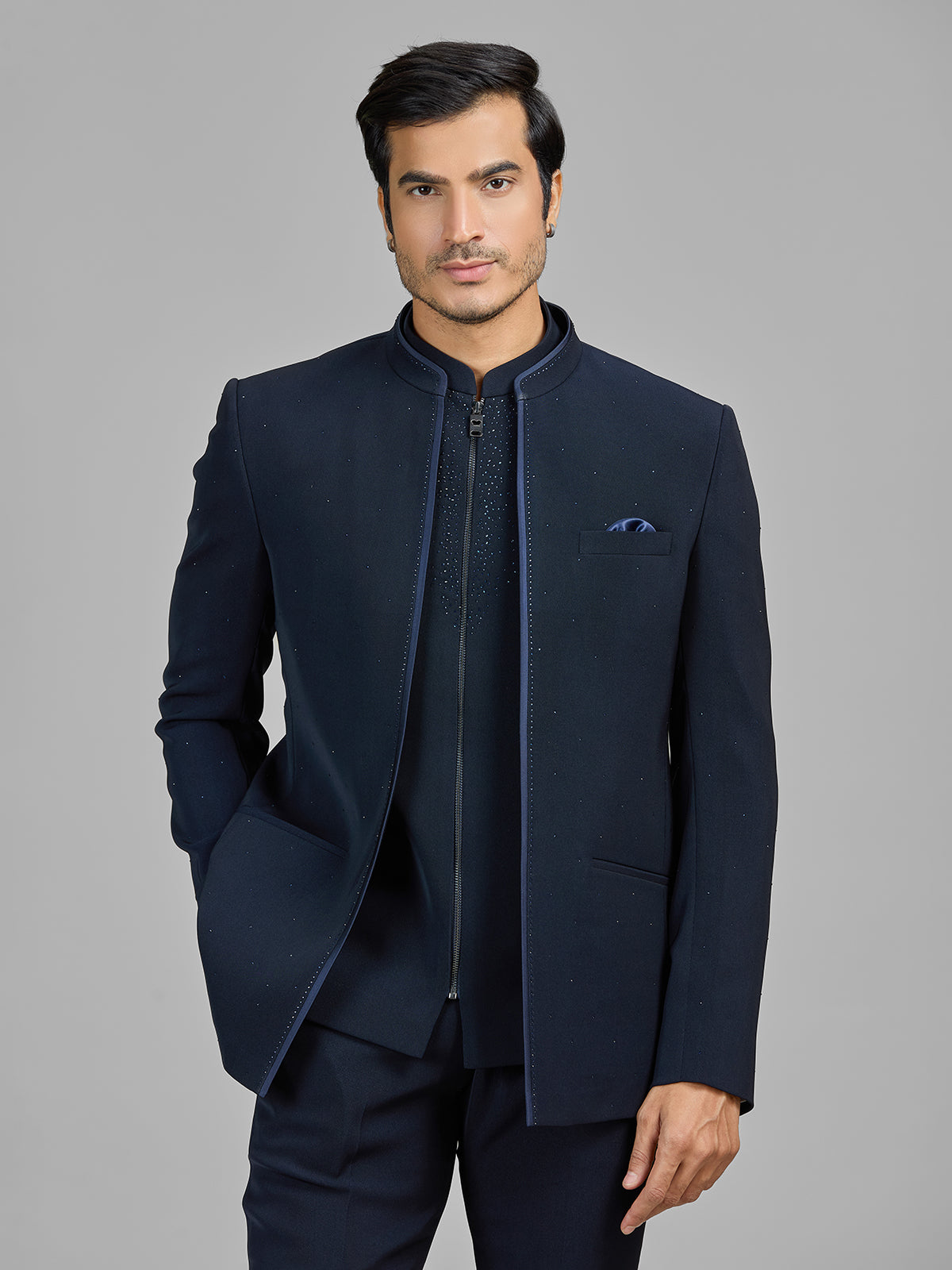 Navy jacket style jodhpuri suit in terry rayon