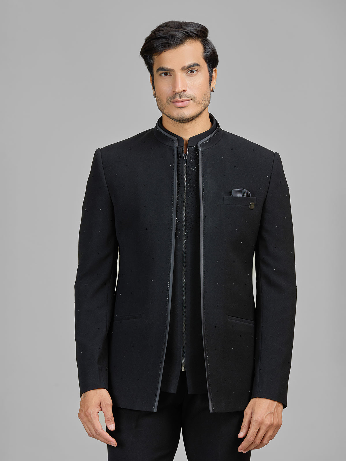 Black terry rayon jacket style jodhpuri suit