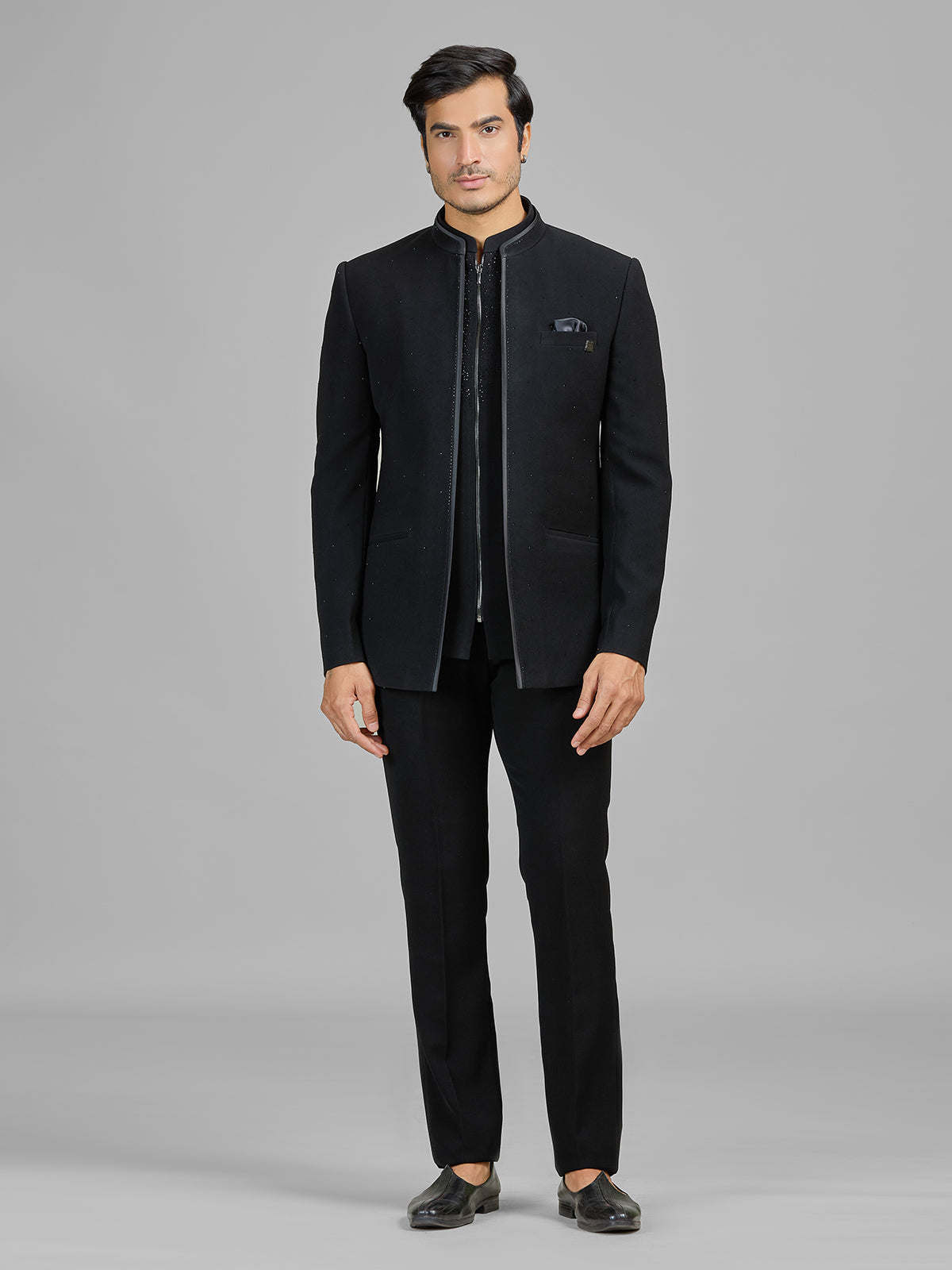 Black terry rayon jacket style jodhpuri suit