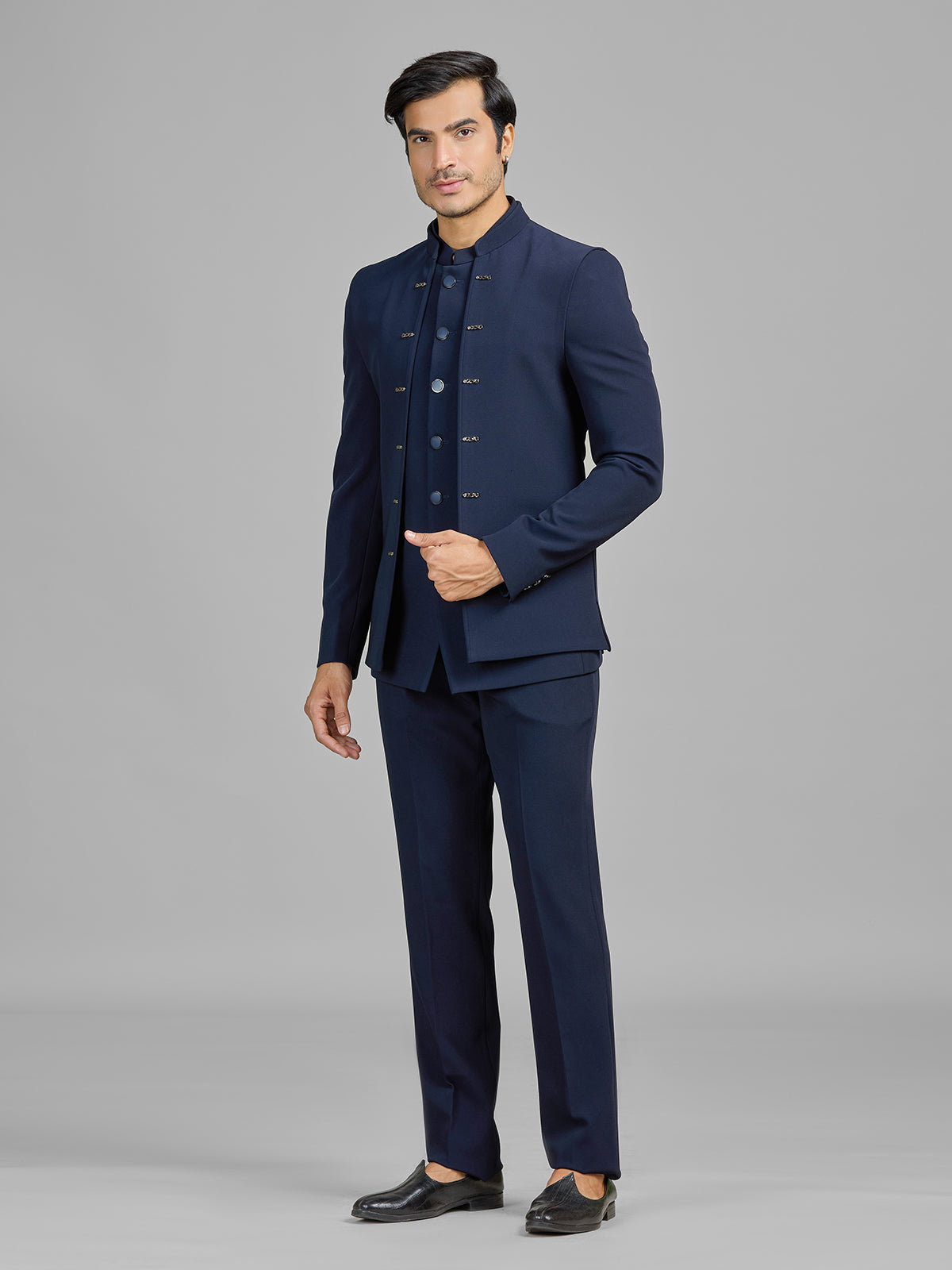 Navy terry rayon jodhpuri suit with standout jacket