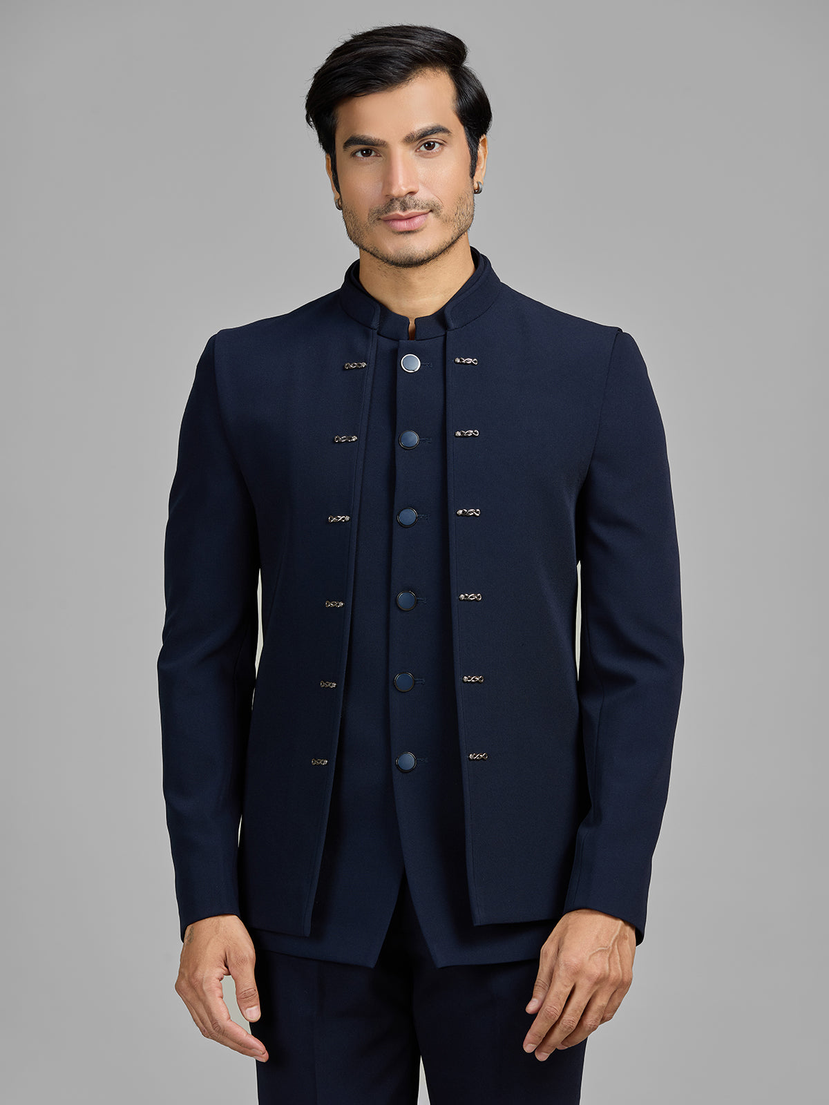Navy terry rayon jodhpuri suit with standout jacket
