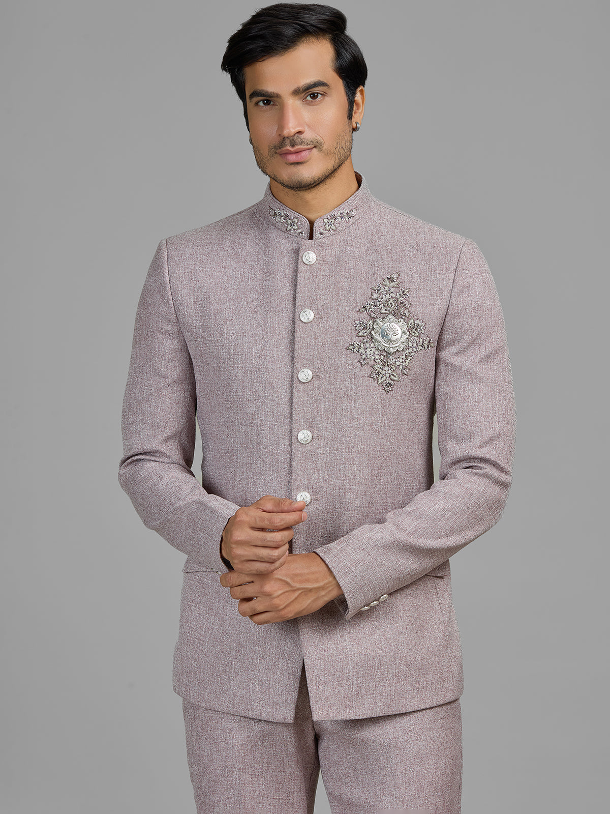 Lilac purple terry rayon jodhpuri suit with embellished crest