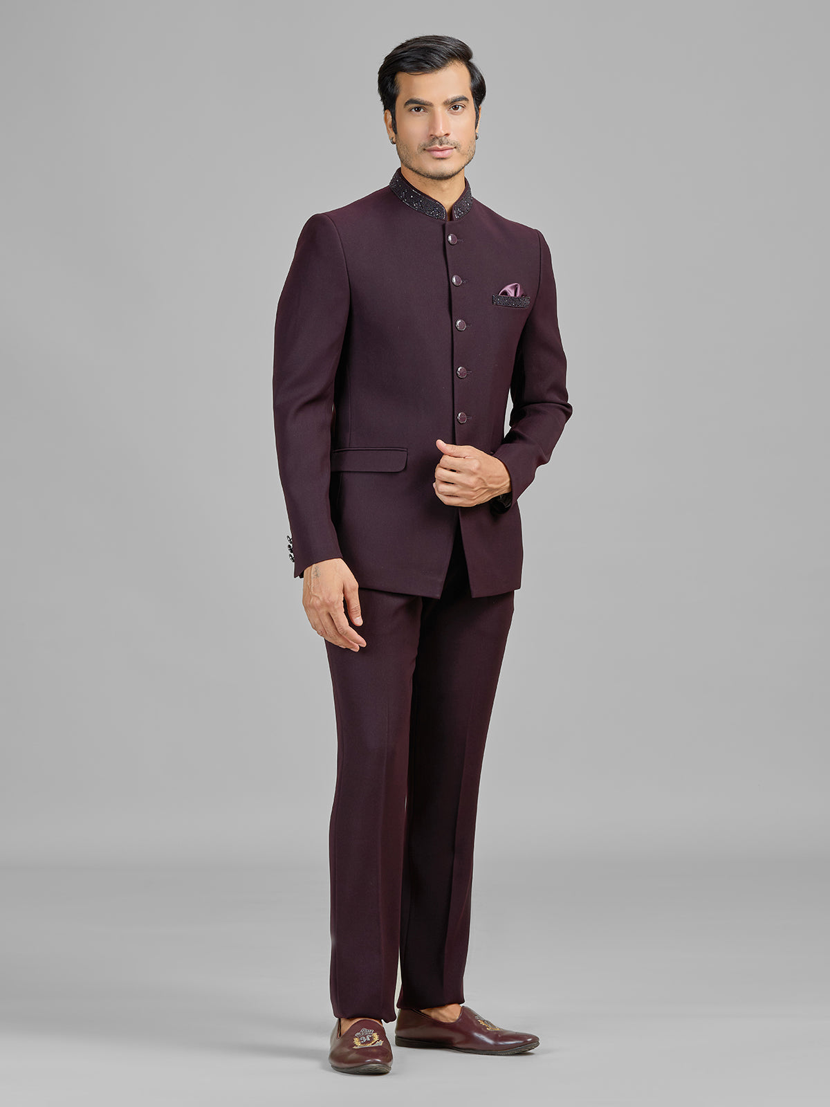 Wine terry rayon jodhpuri suit for wedding celebrations