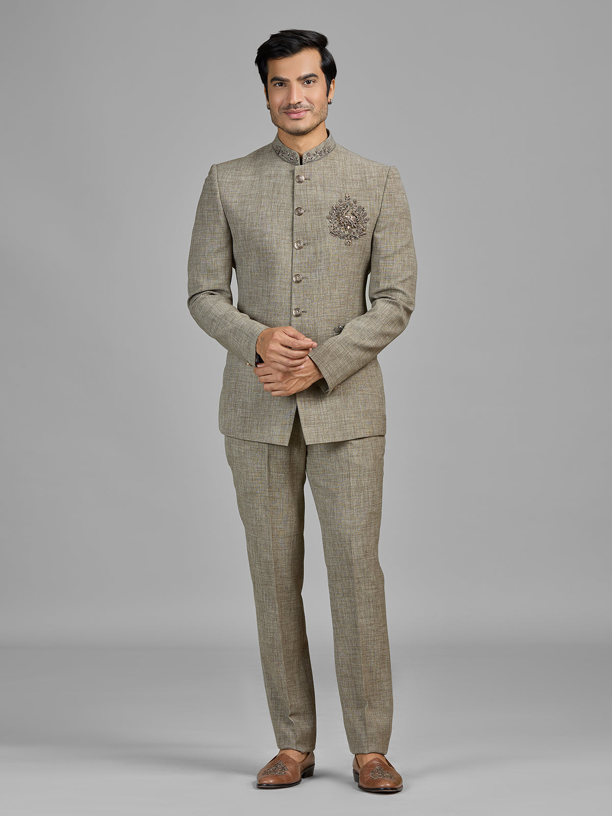 Stone beige terry rayon jodhpuri suit for men