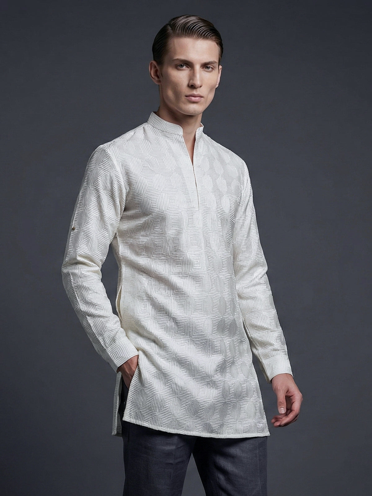 White jacquard silk blend contemporary short kurta