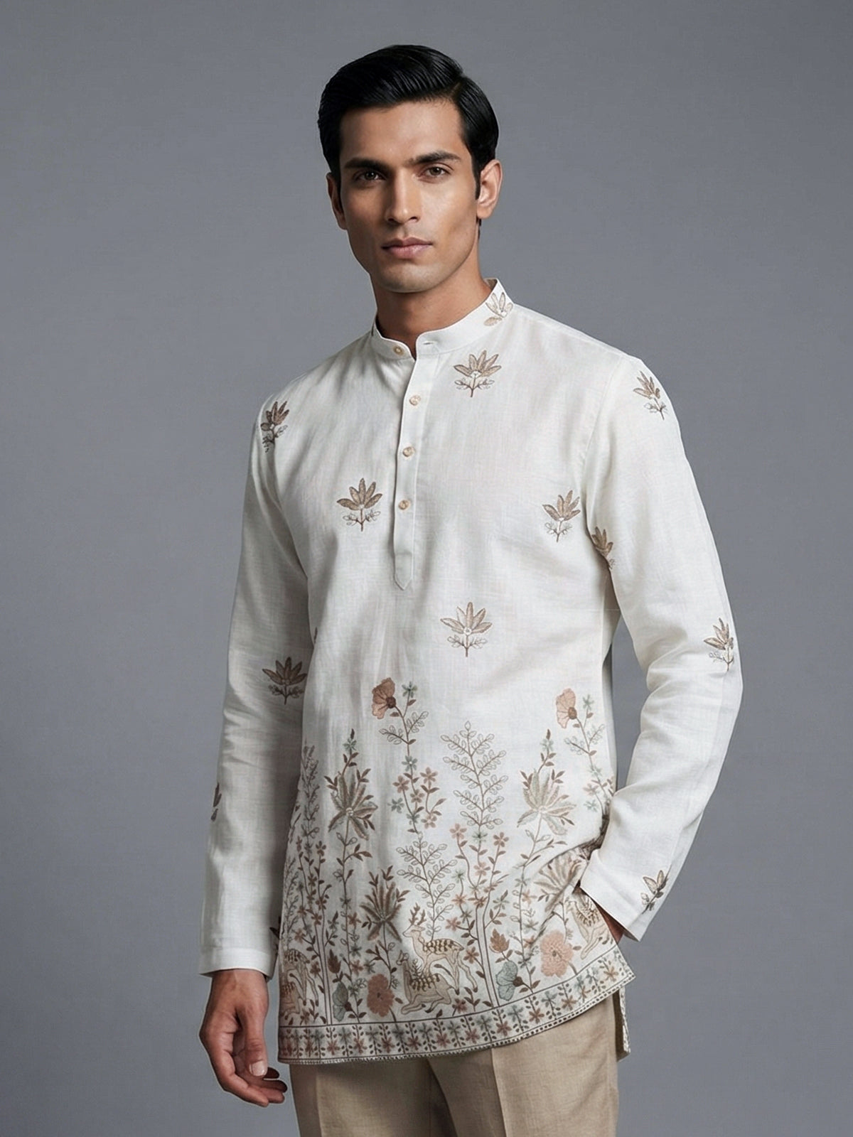 Off white embroidered cotton blend festive short kurta