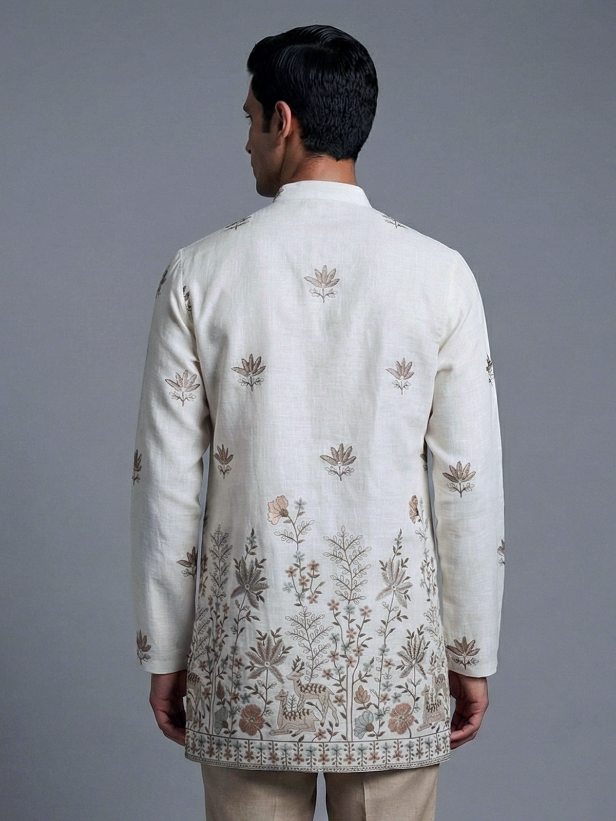 Off white embroidered cotton blend festive short kurta