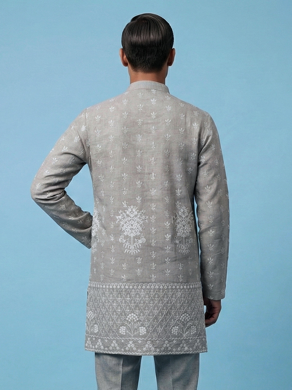Grey embroidered cotton blend festive short kurta