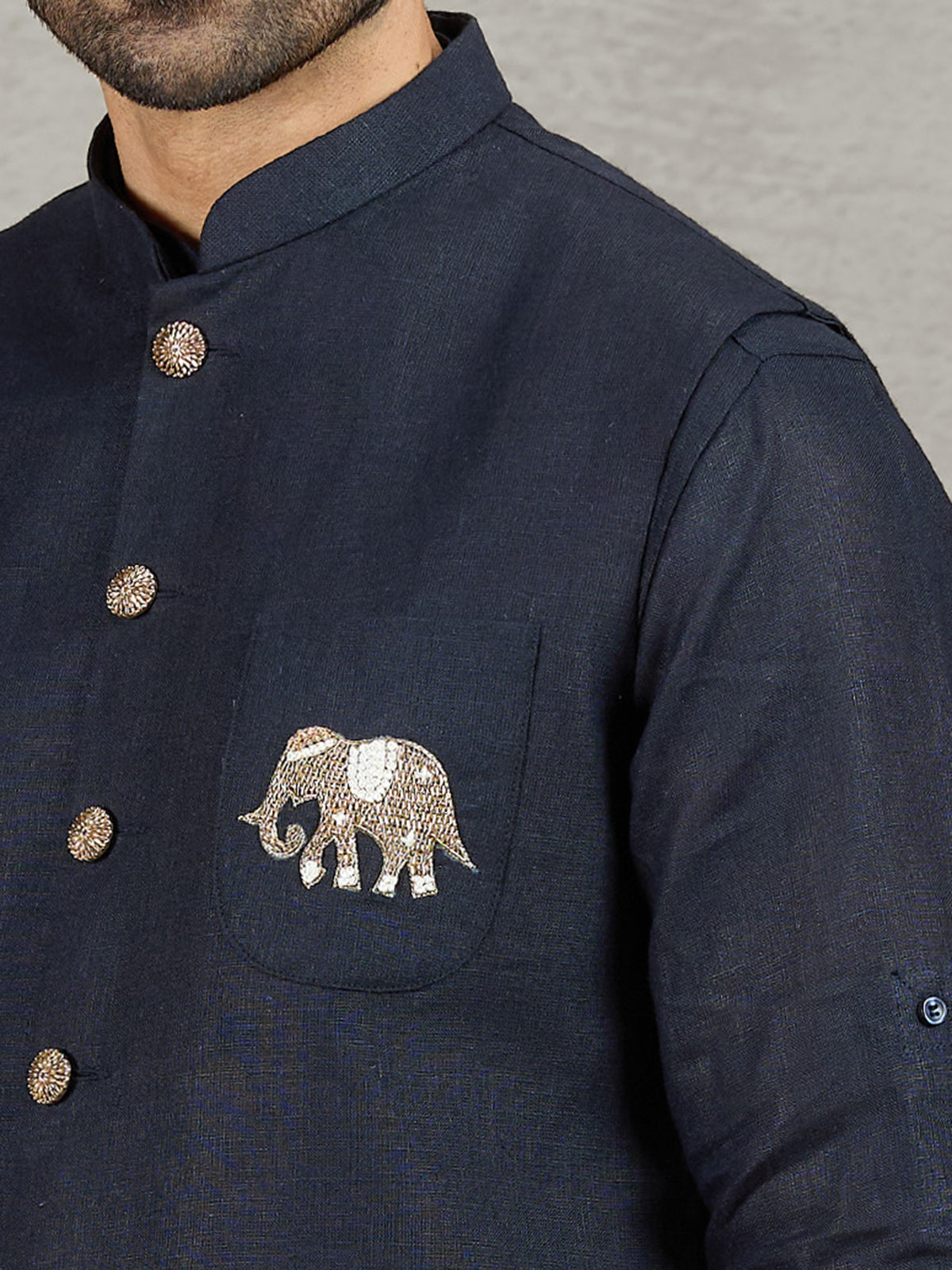 Navy linen waistcoat set with embroidered elephant crest