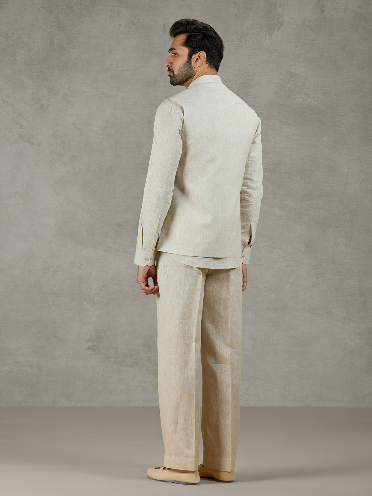 Beige linen festive wear waistcoat set with elegant detailing