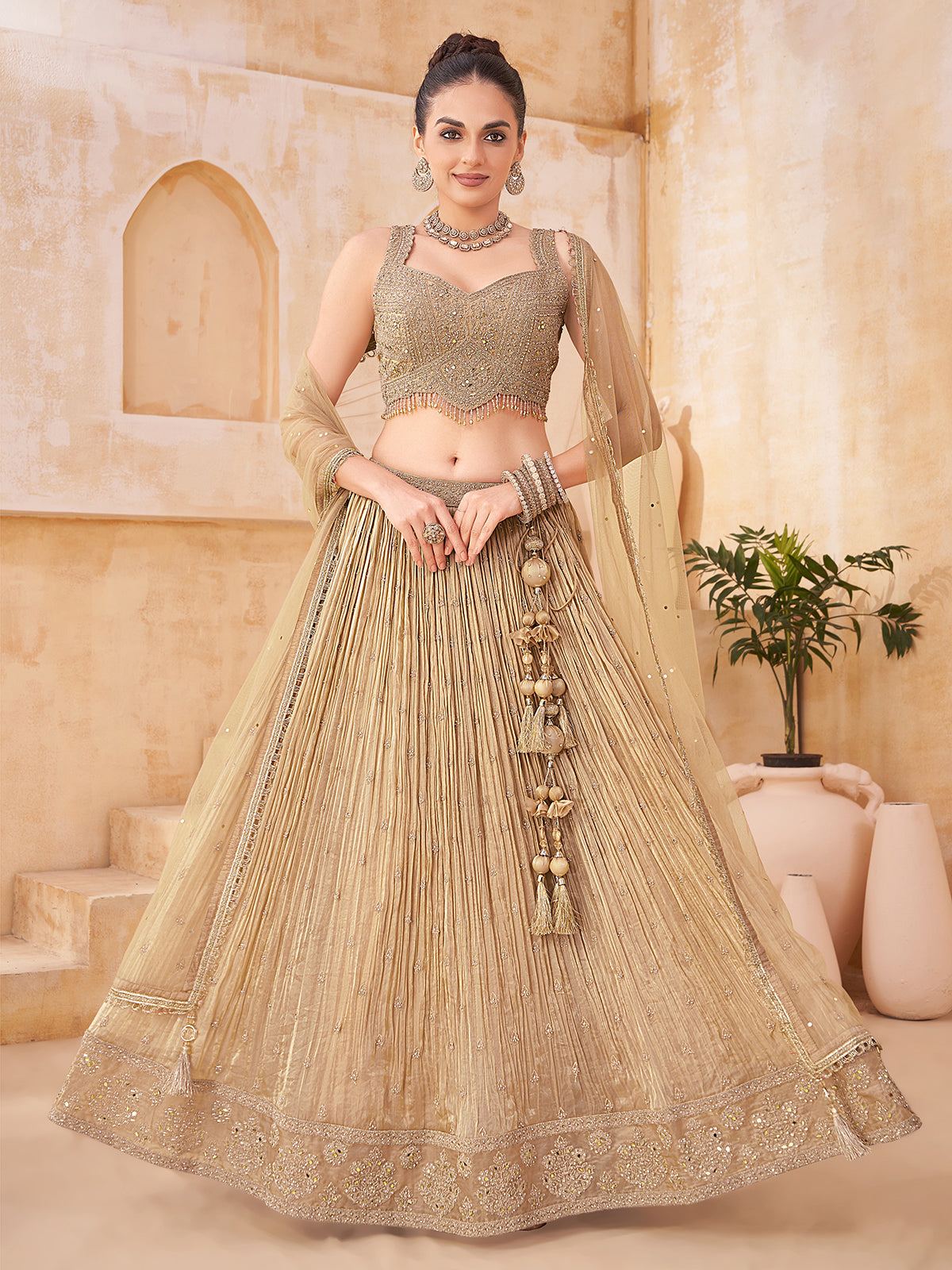 Beige silk embroidered work designer lehenga choli
