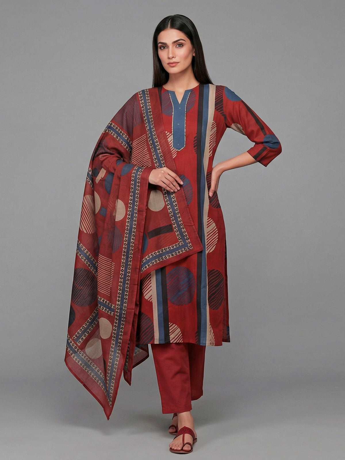 Maroon straight cut cotton kurti set