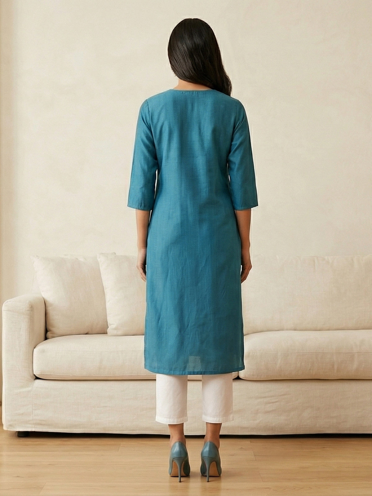 Aqua blue cotton silk embroidered kurti design