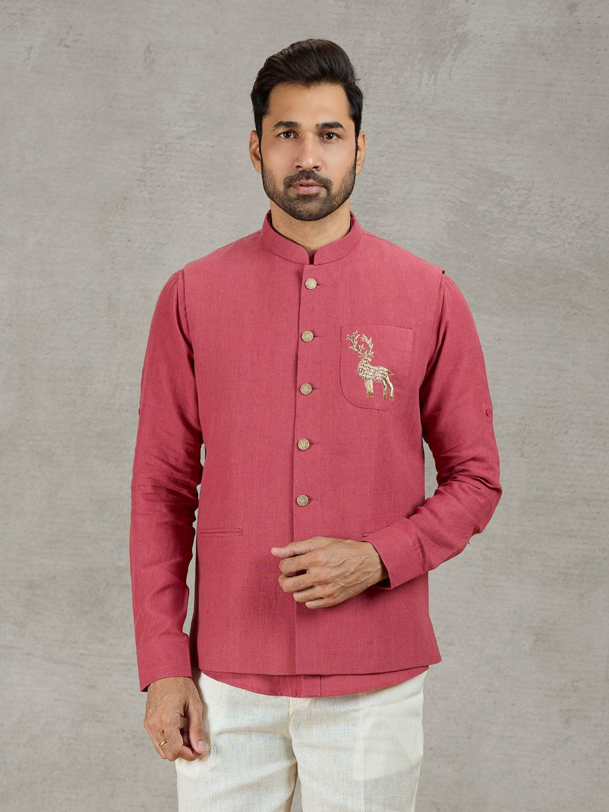 Gajri red linen festive waistcoat with shirt