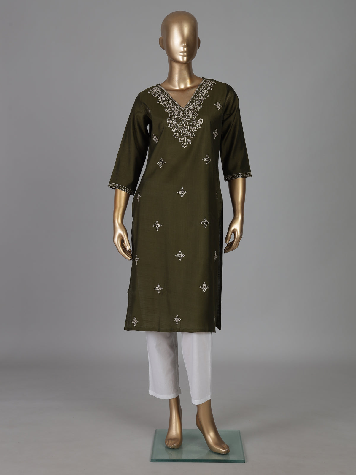 Mehendi green cotton silk embroidered v neck kurti