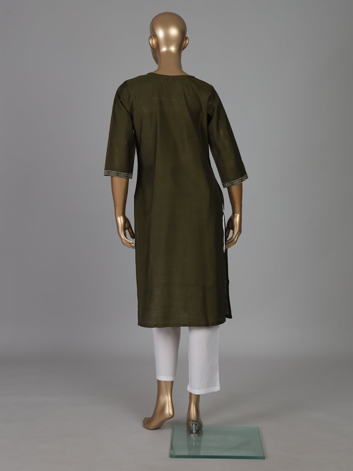 Mehendi green cotton silk embroidered v neck kurti