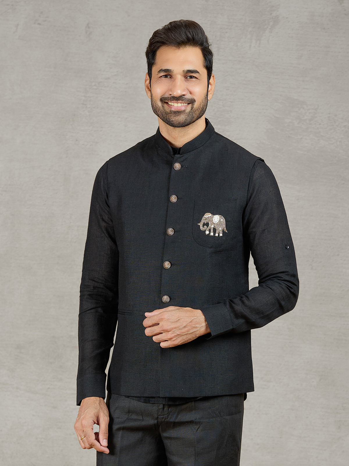 Black linen party wear waistcoat with shirt and embellished crest