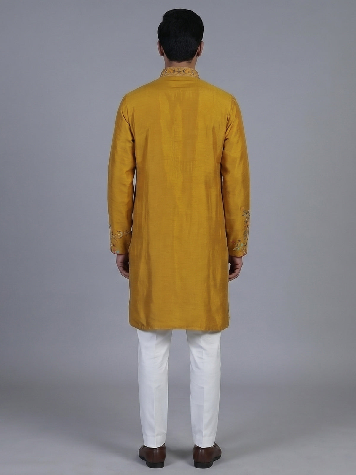 Mustard yellow silk embroidered festive kurta suit