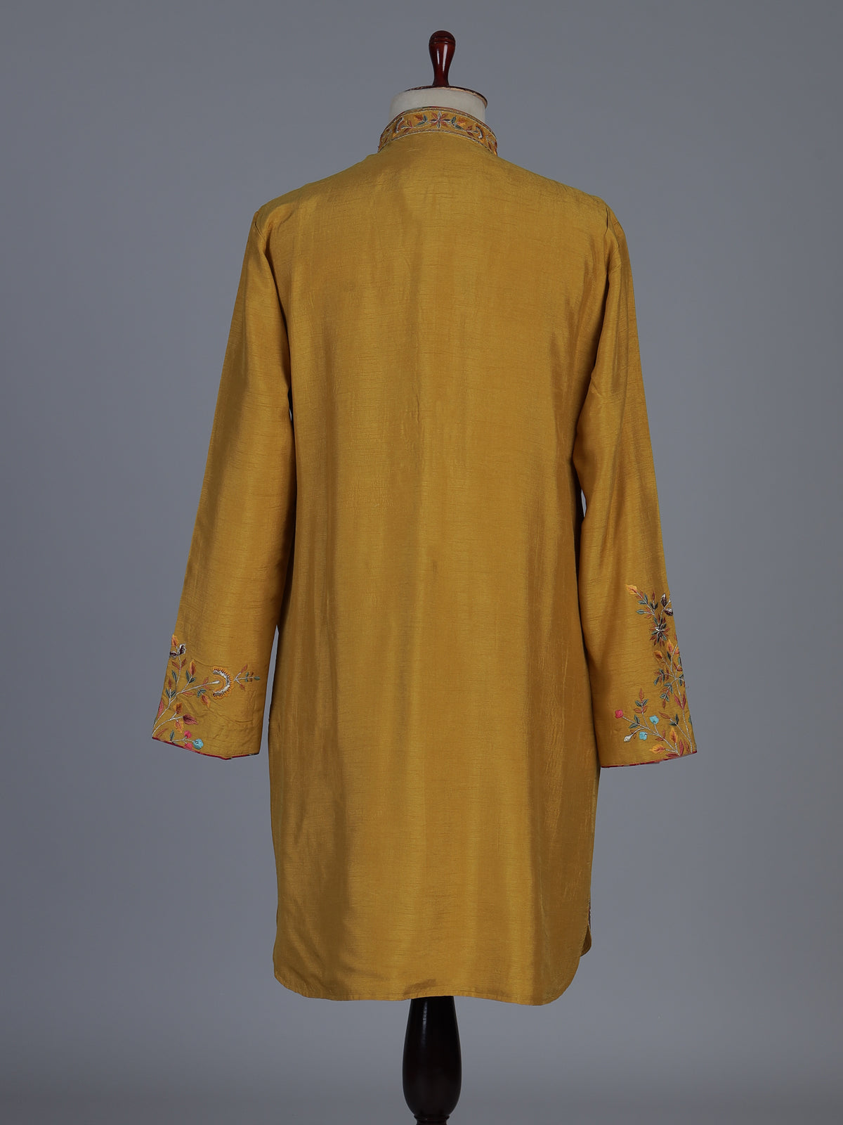 Mustard yellow silk embroidered festive kurta suit