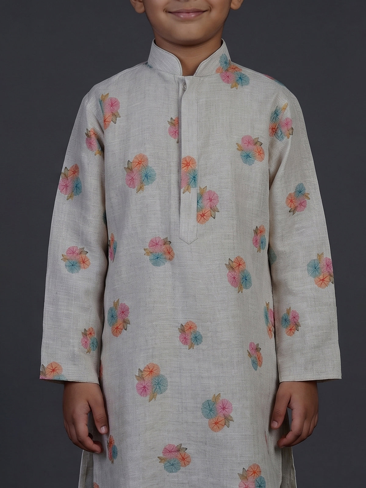 Grey floral printed cotton linen festive kurta suit