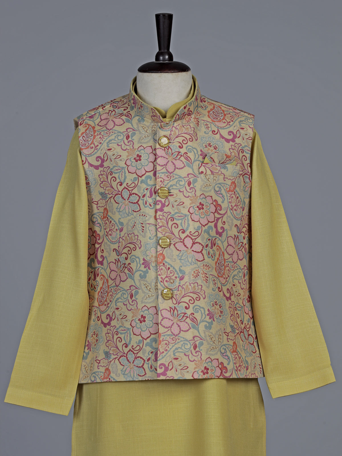 Mehendi olive floral printed festive waistcoat set for boys