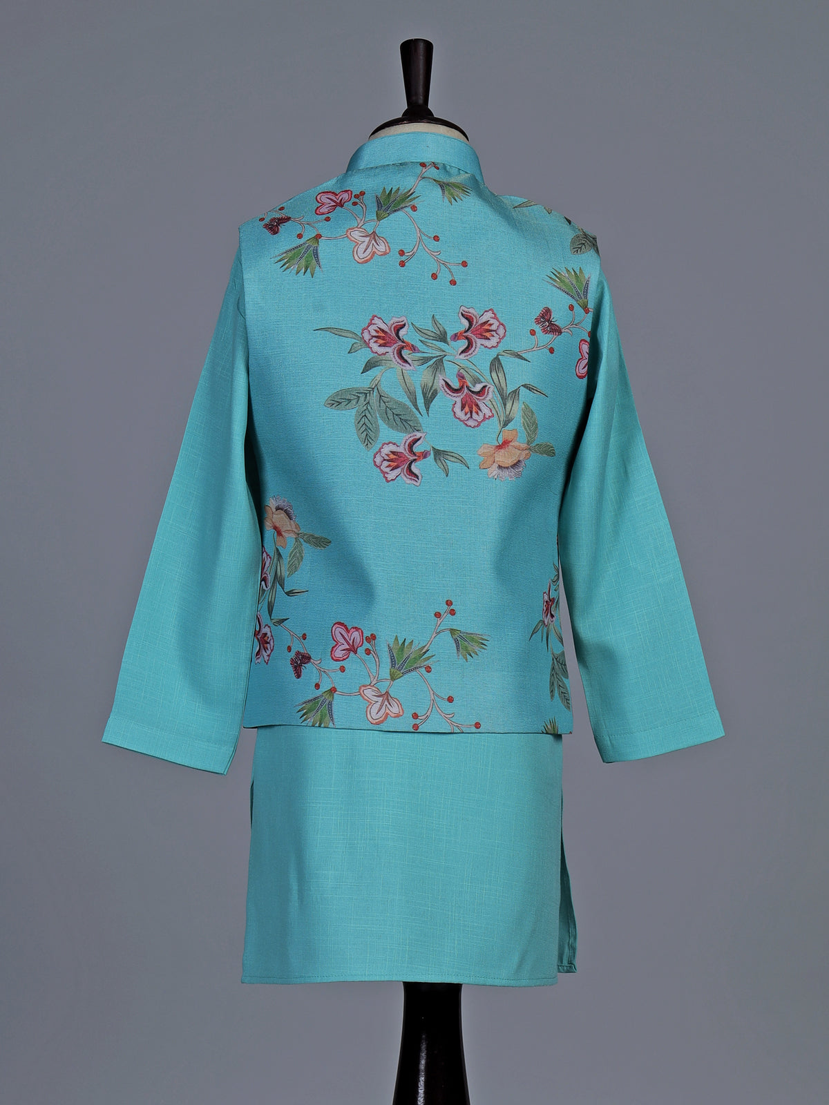 Aqua floral printed silk blend festive waistcoat set