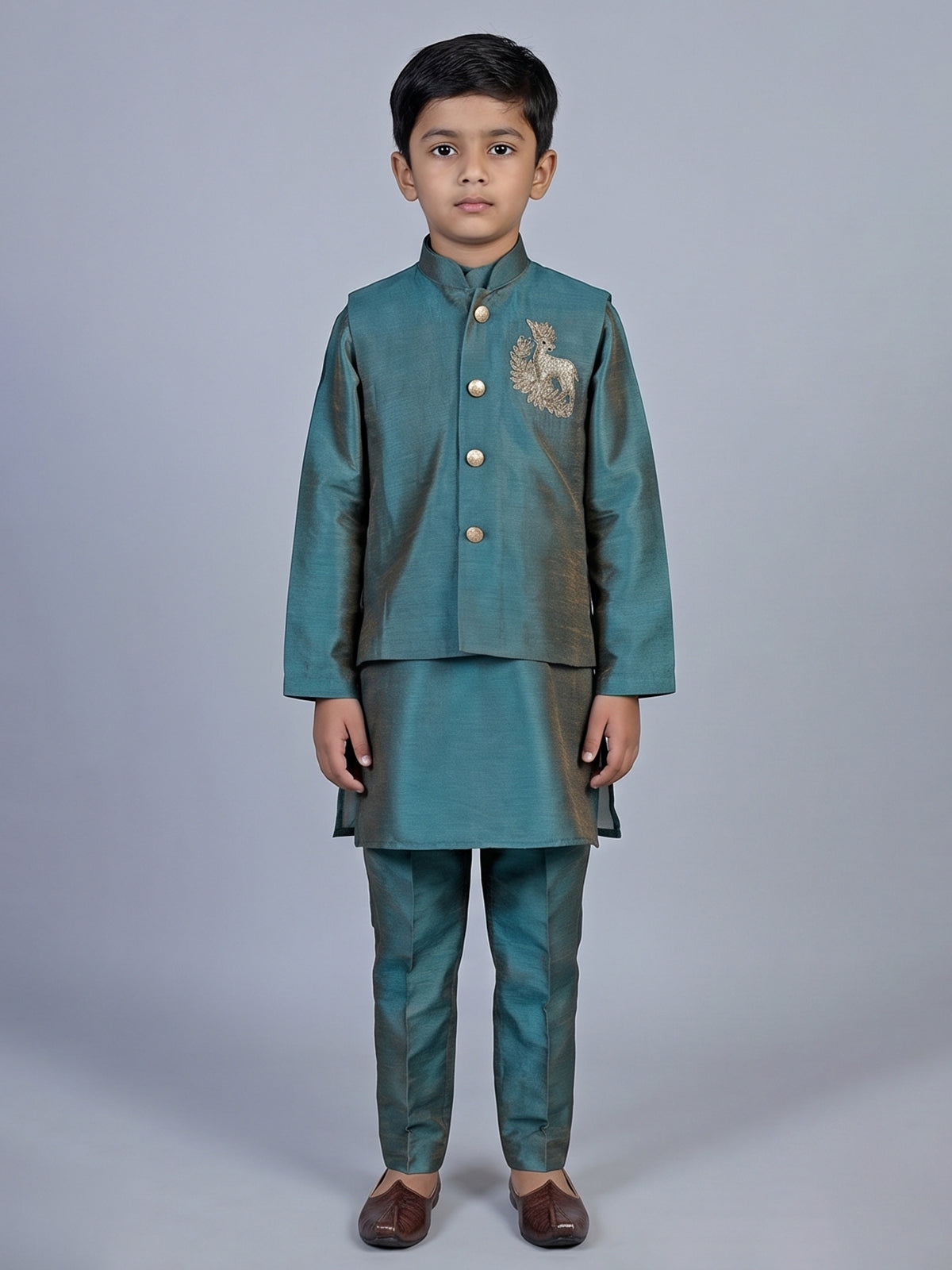 Peacock green deer motif silk blend waistcoat set