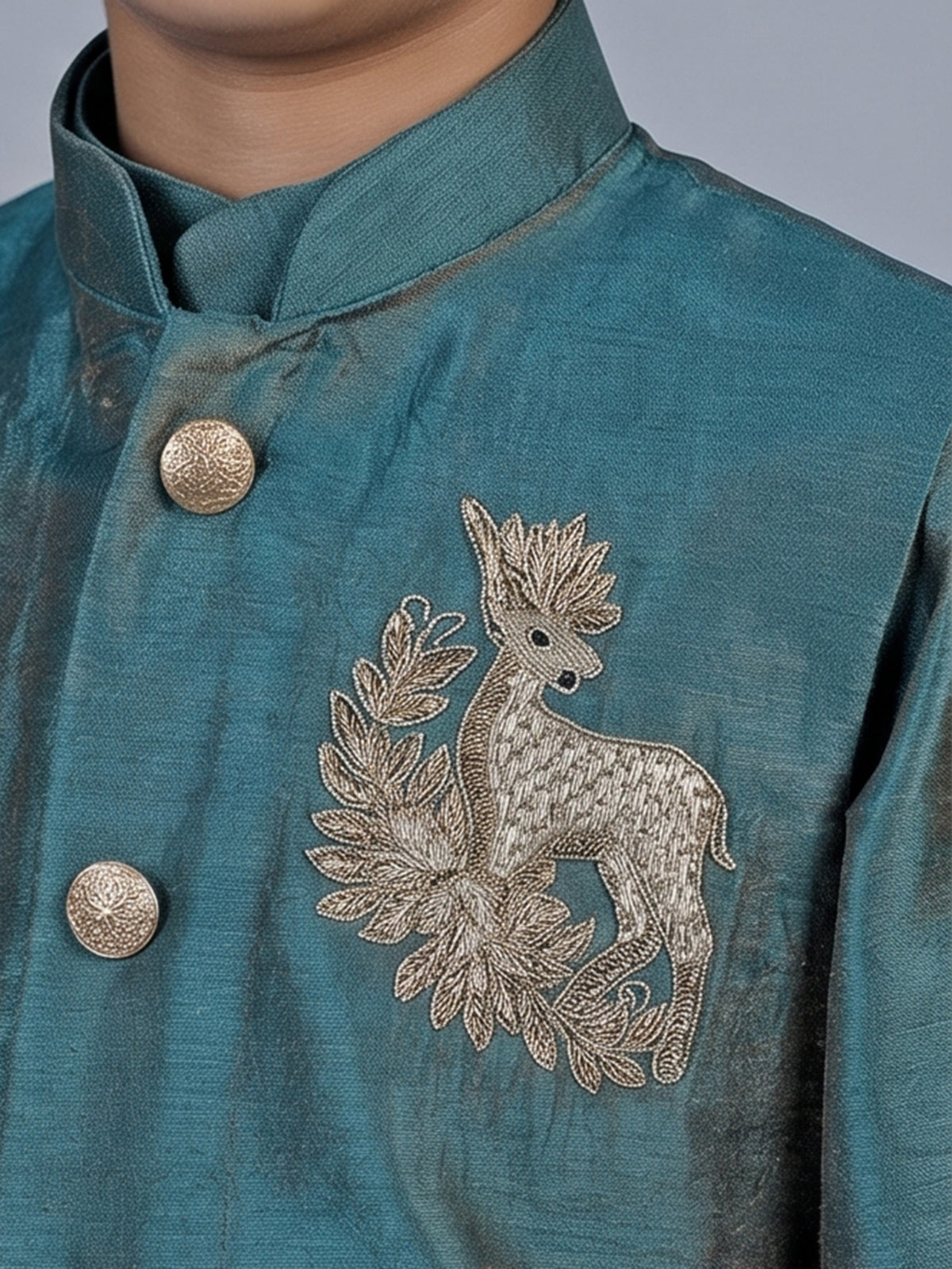 Peacock green deer motif silk blend waistcoat set