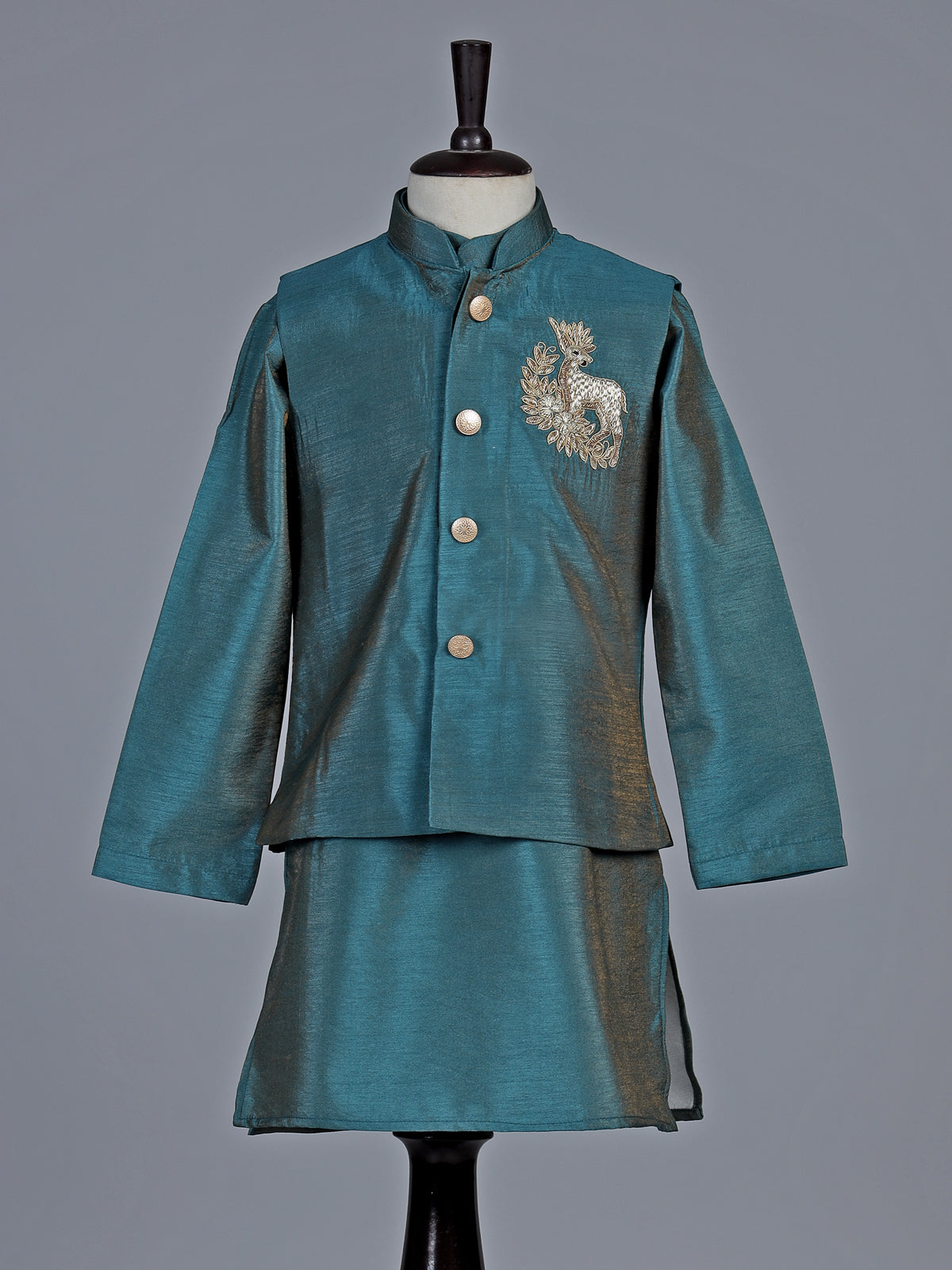 Peacock green deer motif silk blend waistcoat set