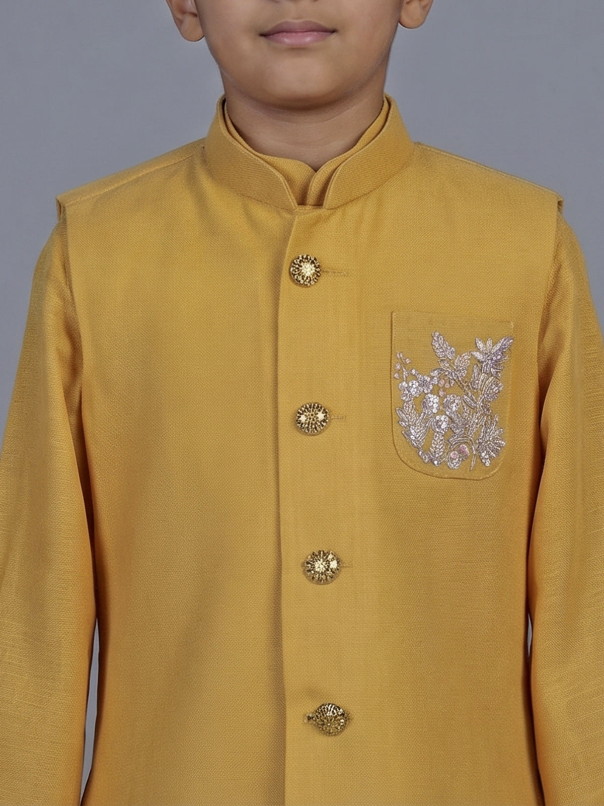 Mustard yellow embellished festive waistcoat set for boys