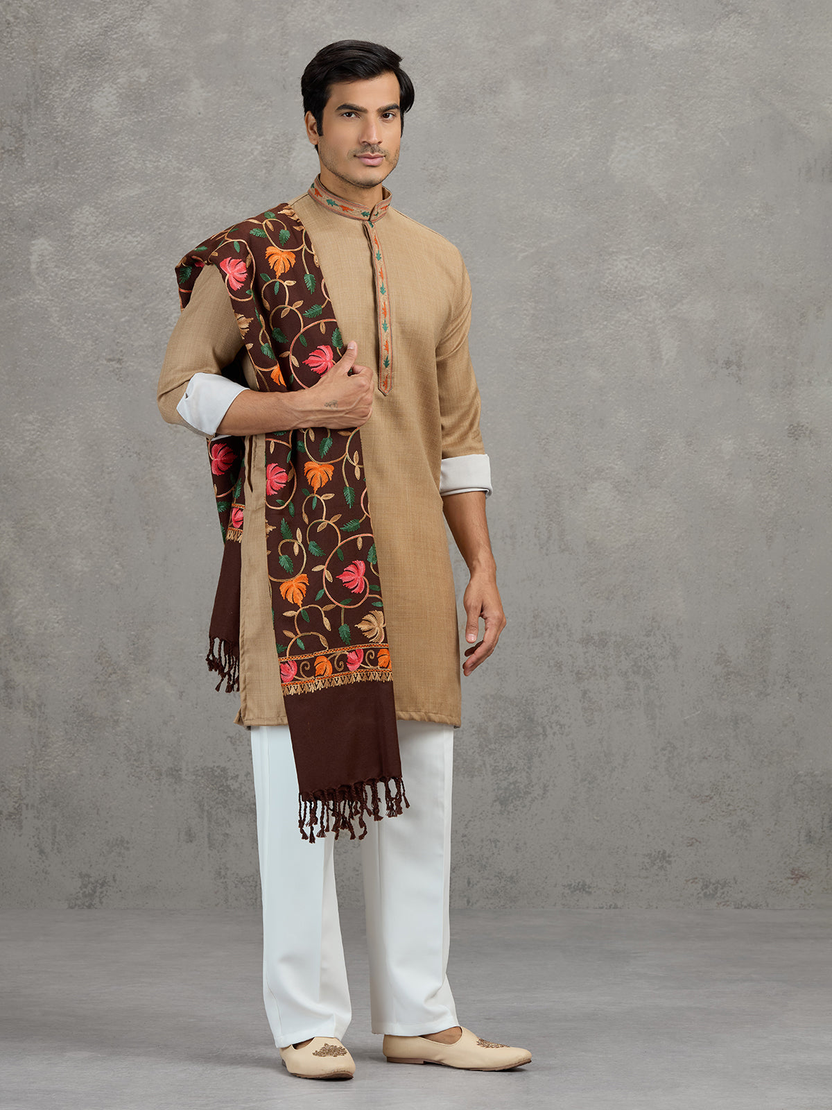 Beige pashmina silk elegant festive kurta suit with dupatta