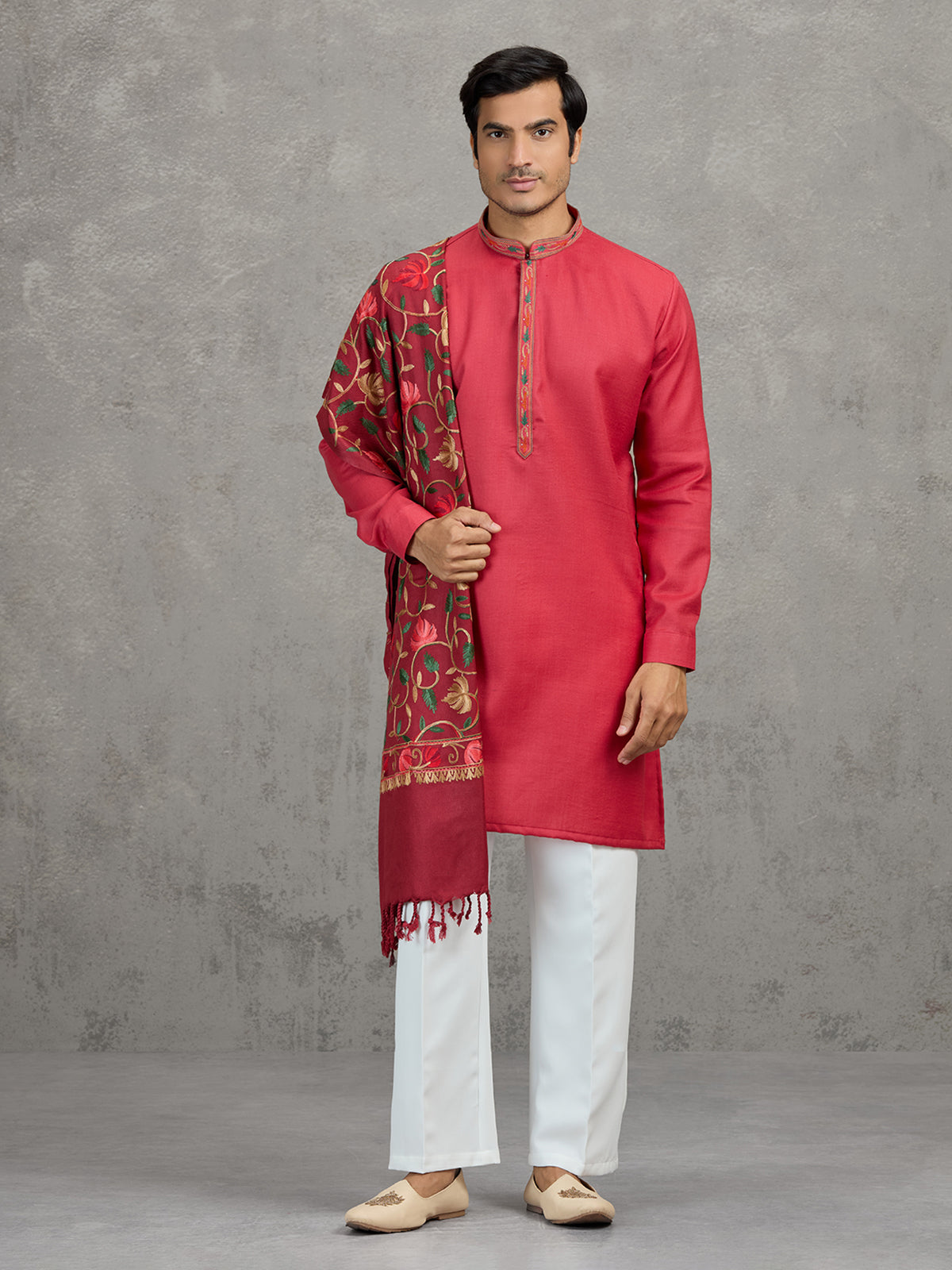 Pink pashmina silk festive embroidered kurta suit with dupatta
