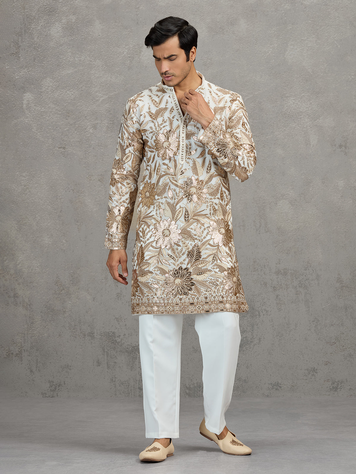 White georgette embroidered traditional festive kurta suit