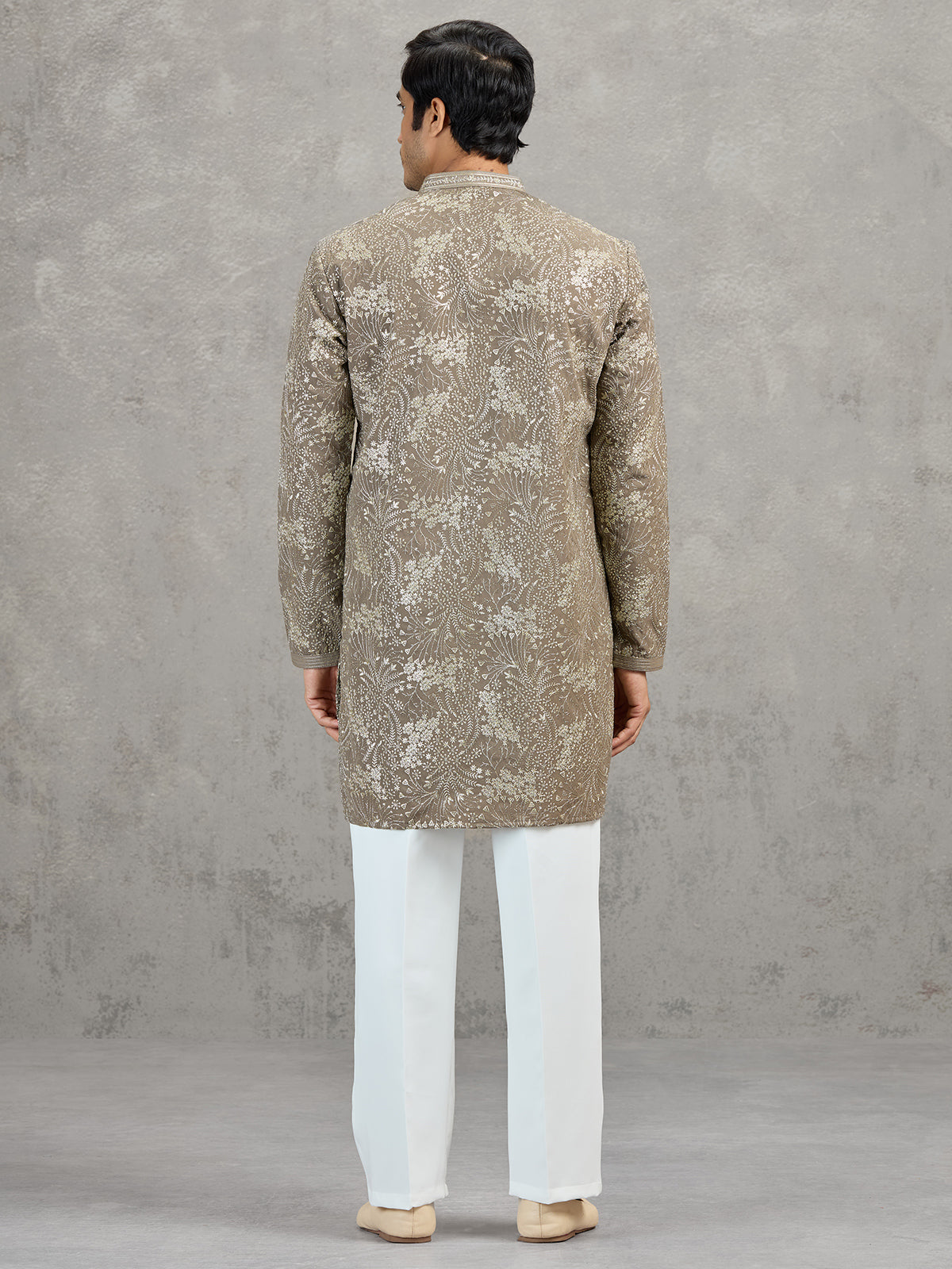 Dusty olive Korean silk embroidered festive kurta suit
