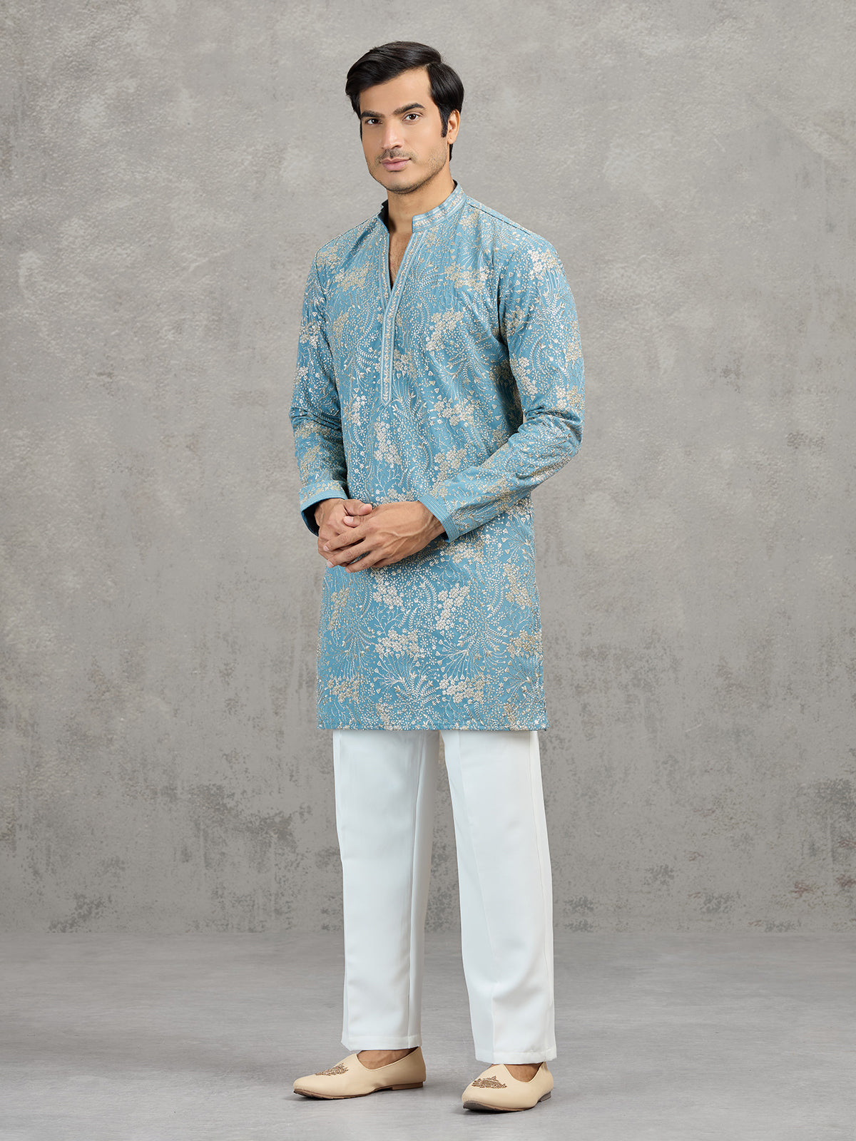 Sky blue korean silk embroidered festive kurta suit