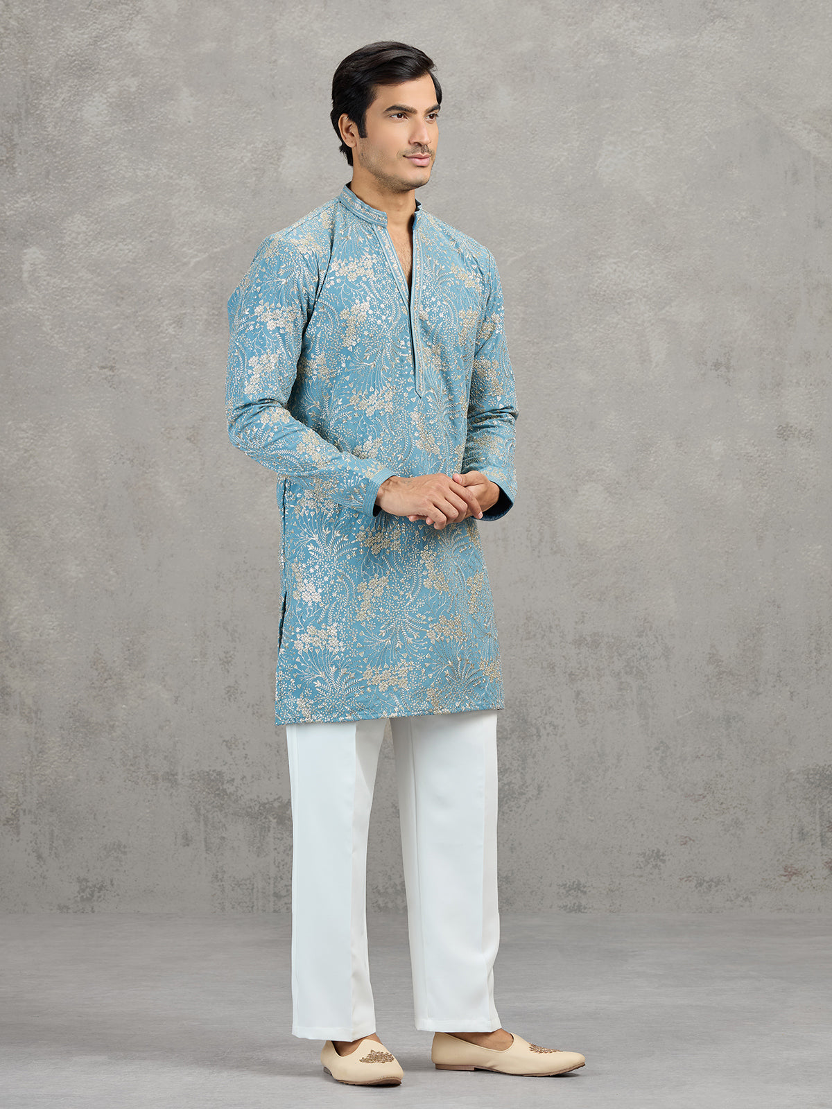 Sky blue korean silk embroidered festive kurta suit