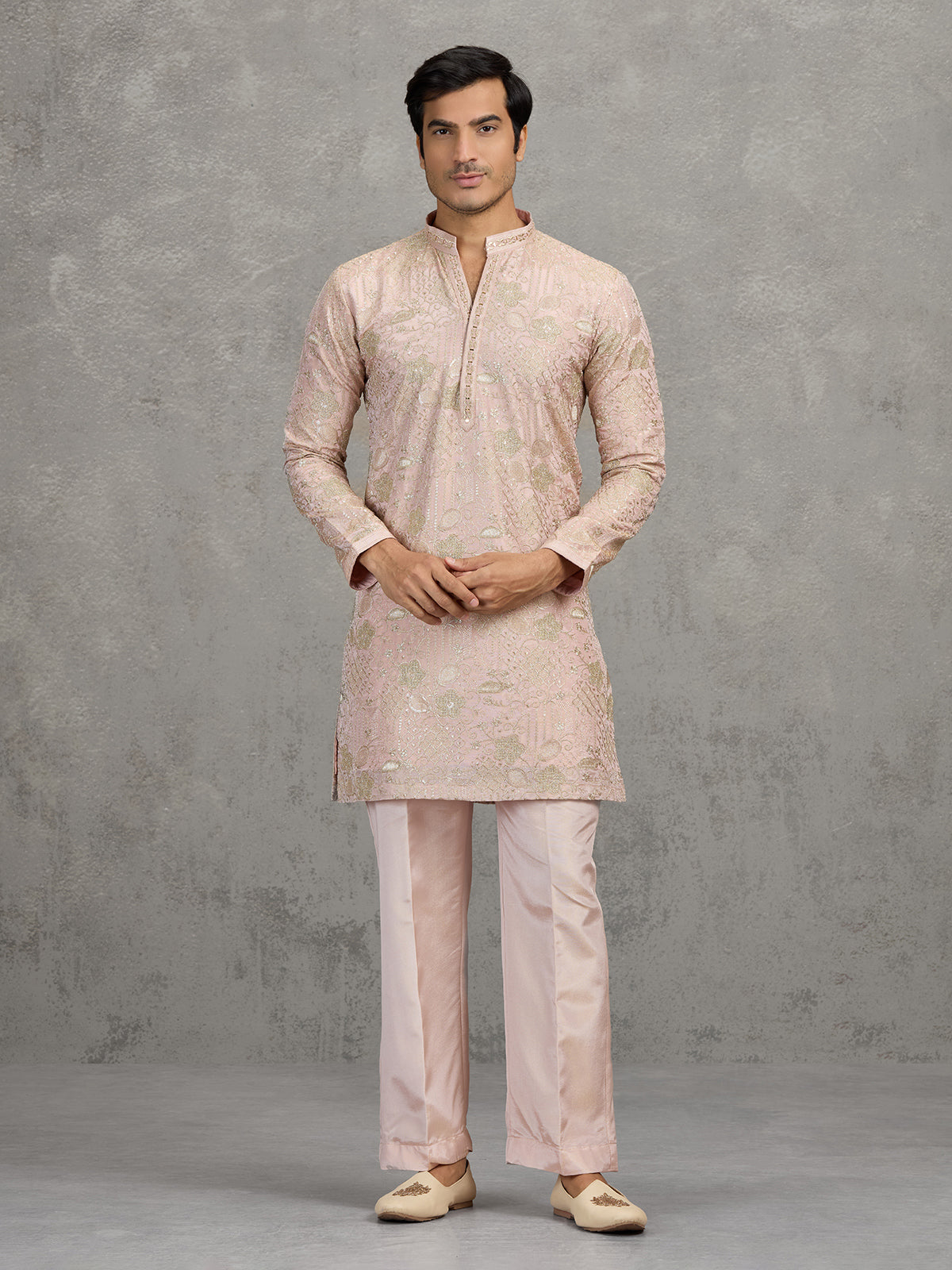 Dusty pink tissue silk embroidered elegant festive kurta suit