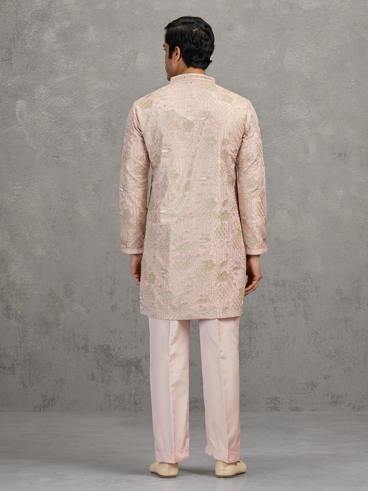 Dusty pink tissue silk embroidered elegant festive kurta suit