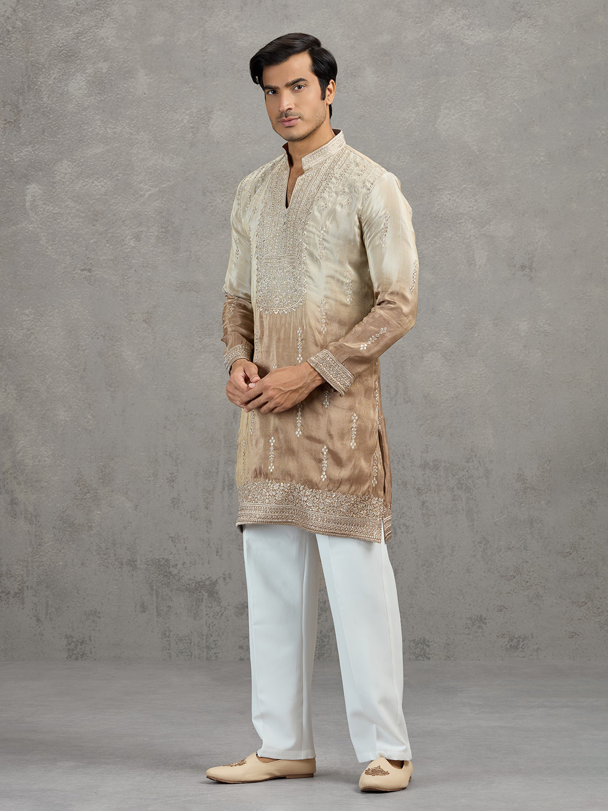 Beige brown shaded tissue embroidered festive kurta suit