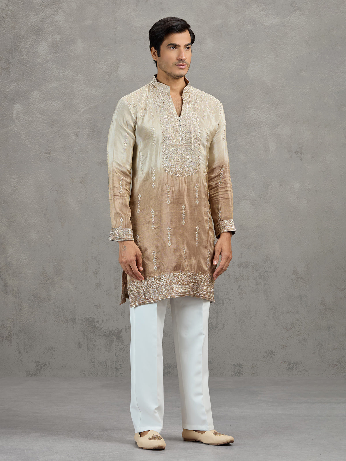 Beige brown shaded tissue embroidered festive kurta suit
