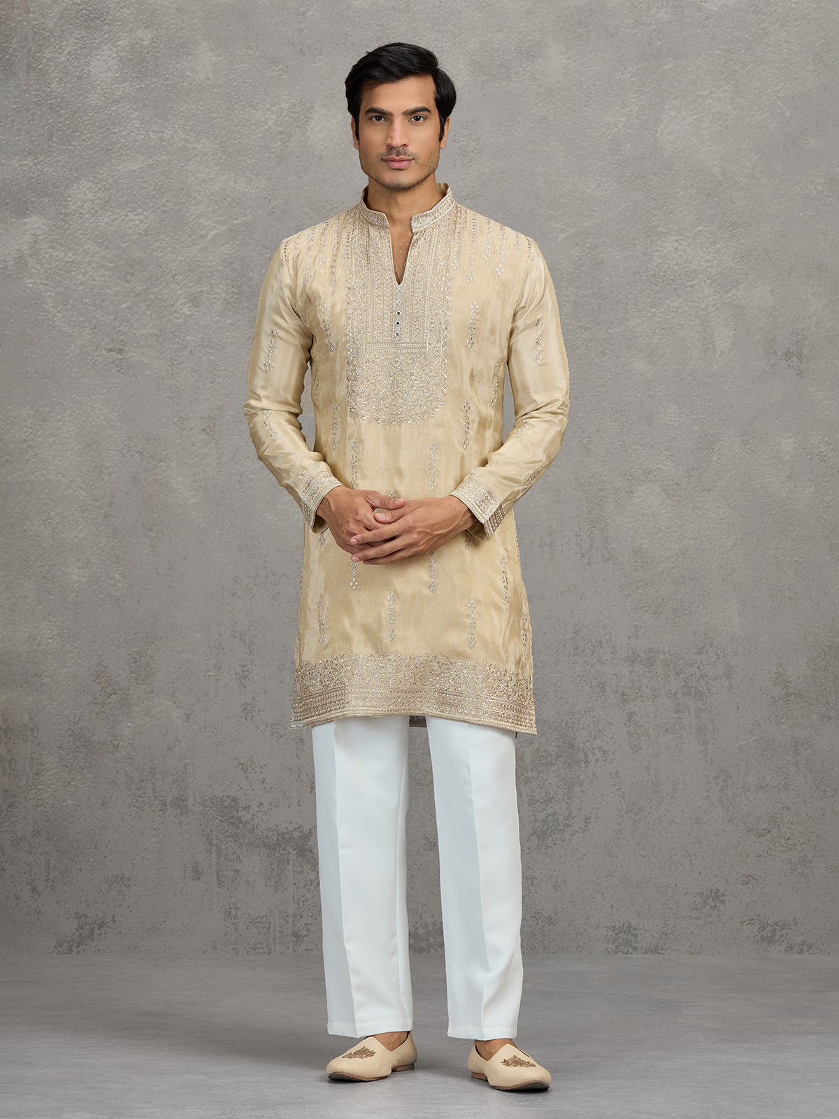 Gold tissue embroidered festive wedding kurta suit